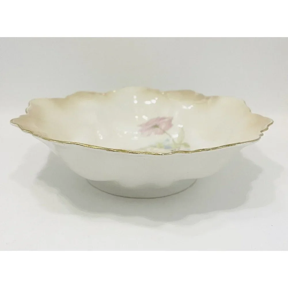 Vintage RS Germany Floral Bowl 9” Roses Enamel Handpainted Scalloped Gold Trim